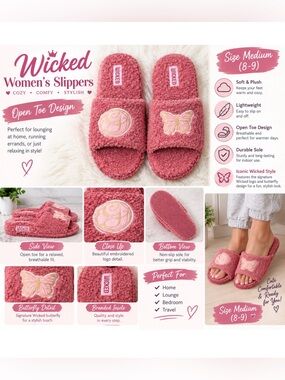 * new* Wicked Women's Plush Open-Toe Slippers - Size Medium (8-9)